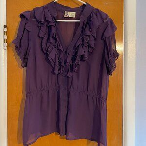 Short sleeved sheer button down ruffled peplum top